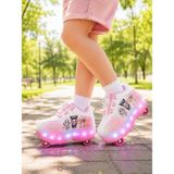 Minibonito Çocuk Şarj Edilebilir LED Işıklı Paten Ayakkabı Düğmeli Açılır Tekerlekli - Pembe - Beyaz - 36