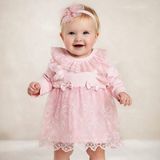 Miniborn Kız Bebek Dantelli Tüllü Elbise %100 Pamuk Uzun Kollu - 3 - 6 Ay - Pembe