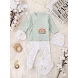 Miniday Baby 5'li Set Yenidoğan Baskılı Kız - Erkek Bebek Hastane Çıkış Seti % 100 Pamuklu Unisex Basıc Gök Kuşağı - Mint - Beyaz