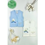 Miniel Erkek Bebek Kaptan Ayıcık Nakışlı Organik Pamuklu 3-6-9 Ay 2Li Penye Bebek Yelek - MAVİ
