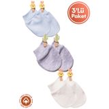 Miniel Erkek Bebek Yenidoğan Penye Organik Pamuklu Bebek Eldiveni 3lü Set - Mavi