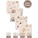 Miniel Organic Unisex Bebek %100 Organik Pamuklu Baskılı Müslin Bebek Ağız Mendili & Ter Bezi 4lü Set 25X25 cm - Renkli - Yenidoğan