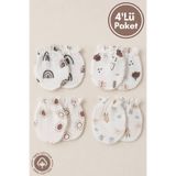 Miniel Unisex Bebek Yeni doğan Pamuklu Baskılı Müslin Lastikli Bebek Eldiveni 4 Çift Set