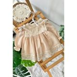 Miniğimin Cicileri (9-24 Ay) Çiçek Dokulu Vintage Müslin Yaka Detaylı Kız Bebek Elbise - Pudra - 12 Ay