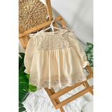 Miniğimin Cicileri (9-24 Ay) Çiçek Dokulu Vintage Müslin Yaka Detaylı Kız Bebek Elbise - Sütlü Kahve - 2 Yaş