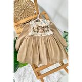 Miniğimin Cicileri (9-24 Ay) Vintage Nakışlı Yaka Detaylı Fiyonklu Kız Bebek Elbise - Camel - 18 Ay