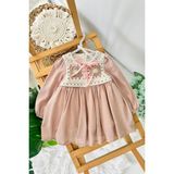 Miniğimin Cicileri (9-24 Ay) Vintage Nakışlı Yaka Detaylı Fiyonklu Kız Bebek Elbise - Pudra - 2 Yaş