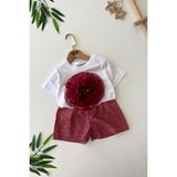 Miniğimin Cicileri Batik Gül Detaylı Taşlı Kız Çocuk Şortlu 2 li takım - Bordo - 9 - 10 Yaş