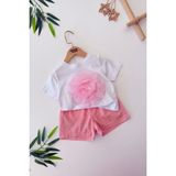 Miniğimin Cicileri Batik Gül Detaylı Taşlı Kız Çocuk Şortlu 2 li takım - Pembe - 7 - 8 Yaş
