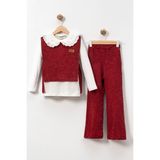 Miniğimin Cicileri Dantel Yakalı Bluz, Yelek ve Bol Paça Pantolon Kız çocuk takımı - Bordo - 3 Yaş