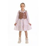 Miniğimin Cicileri Deri Yelekli Kız Çocuk Düğmeli Elbise Takım - Kahverengi 4-5 Yaş