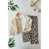Miniğimin Cicileri Fırfır Detaylı Leopar Pamuk Gabardin 3 Lü Kız çocuk takım - Taş - 7 Yaş