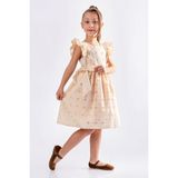 Miniğimin Cicileri Fırfırlı Broderie Fiyonklu Kız Çocuk Elbisesi - Bej - 8 - 9 Yaş