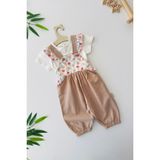 Miniğimin Cicileri Gül Desenli Fırfır Askılı Kız Bebek Şort Tulum 2 li takım - Kahve - 2 Yaş