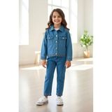 Miniğimin Cicileri Lazer Kesim Çiçek Desenli Denim Kız Çocuk 2 Li takım - Mavi - 5 - 6 Yaş