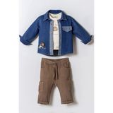Miniğimin Cicileri Minigimin Cicileri Lion Nakışlı Denim Ceket 3'lü Erkek Bebek Takım - Mavi - 9 - 12 Ay