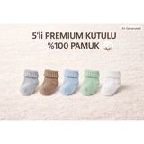 Minik Baby Wear Organik Pamuk Unisex 5'li Kutulu Premium Yenidoğan Kutulu Bebek Çorabı - 0 - 6 Ay - Mavi