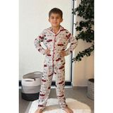 Minik Dolap 🚗 Araba Desenli Erkek Çocuk Düğmeli Pijama Takımı - Açık Gri - 5 - 6 Yaş