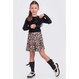 Minik Dolap Leopar Desenli Şort Etek & Gül Dekorlu Bluz Kız Çocuk Takım - Siyah - 8 - 9 Yaş