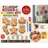 Minik Mucitler Hobi ve Oyuncak 6’lı Eğitici Mıknatıslı Ahşap Boyama Seti – Unicorn, Ayıcık ve Deniz Canlıları | Mdf Figür + Boya + Fırça - Bej