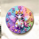 Minik Unicorn Renkli Baskı Tek Boynuzlu At Desenli Sayılı Hediyelik Ahşap Sessiz Duvar Saati 50cm ÇOk Renkli