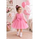 Minik Yıldızlar Pembe Tüllü Fiyonklu Kız Çocuk Elbisesi – Prenses Model Özel Gün Elbisesi - 00-Pembe - 4 Yaş