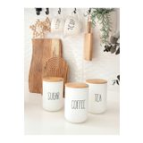 Minika Home 3'lü Bambu Vakum Kapaklı Beyaz Cam Kavanoz Seti - (TEA-COFFEE-SUGAR 1000 ML)