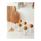 Minika Home 6'lı Ahşap Top Kapaklı Etiketli Cam Baharatlık Seti (300 ML) 6 Baharatlık Kaşığı