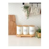 Minika Home Ahşap Ayaklı Yükseltici ve 3'lü Tea-Coffee-Sugar Cam Kavanoz Seti (1000 ML)