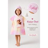 minilee children's happiness Balerin - İsimli Kız Çocuk Kapşonlu Panço Havlu – Deniz, Havuz ve Banyo Bornoz Pançosu 2-8 Yaş