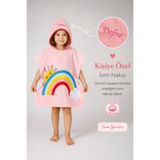 minilee children's happiness Pembe Gökkuşağı - İsimli Çocuk Kapşonlu Panço Havlu – Deniz, Havuz ve Banyo Bornoz Pançosu 2-10 Yaş