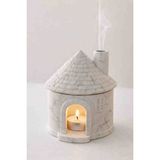 Minimal Mermer Efektli Seramik Ev Tütsülük & Mumluk – El Yapımı Dekoratif Tealight Ev (Lavanta & Vanilya Kokulu Mum Hediyeli) - Açık Beyaz - Gri