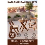 Minimalisso Masif Katlanır Balkon Bistro Set Minderli [3'lü] Bahçe Teras Mutfak Masa Sandalye Takımı 60x60
