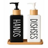 Minimalist Bambu Tepsili Siyah Beyaz Sabunluk ve Deterjan Dispenser Seti, Mutfak, Banyo ve Lavabo İçin Şık, Dayanıklı, Kaymaz Tabanlı, Geniş Ağızlı, Kolay Dolumlu Sıvı Sabunluk & Bulaşık Deterjan Şiş