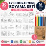 Minimaliz Studio 20 Sayfa Ev Dekorasyonu Boyama Seti | A5 Hazır Baskı Boyama Kitabı + 6 Renk Boya Kalemi | Çocuk ve Yetişkinler Için