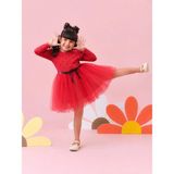 Minimio Kids Kız Çocuk Puantiyeli Tül Etekli Uzun Kollu Şık Abiye Elbise Tütü Elbise - Kırmızı - 4 Yaş