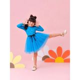 Minimio Kids Kız Çocuk Puantiyeli Tül Etekli Uzun Kollu Şık Abiye Elbise Tütü Elbise - Mavi - 4 Yaş