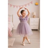 MİNİMONY 2-8 Yaş Gül Yakalı Grenli Kabarık Tül Kız Bebek Çocuk Abiye Elbise Bayramlık Gelinlik Lila 3502