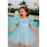 MİNİMONY 2-8 Yaş Gül Yakalı Grenli Kabarık Tül Kız Bebek Çocuk Abiye Elbise Bayramlık Gelinlik Mavi 3502