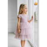 MİNİMONY 4-8 Yaş İnci Taçlı Katlı Tül Etekli Kız Bebek Çocuk Abiye Elbise Bayramlık Gelinlik Lila 6572