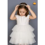 MİNİMONY 4-8 Yaş İnci Taçlı Katlı Tül Etekli Kız Çocuk Abiye Elbise Bayramlık Gelinlik Beyaz 6572
