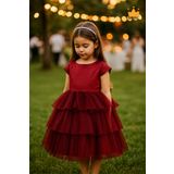 MİNİMONY 4-8 Yaş İnci Taçlı Katlı Tül Etekli Kız Çocuk Abiye Elbise Bayramlık Gelinlik Bordo 6572