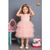MİNİMONY 4-8 Yaş İnci Taçlı Katlı Tül Etekli Kız Çocuk Abiye Elbise Bayramlık Gelinlik Pudra 6572
