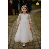 Minimony 6-10 Yaş Midi Boy Yetim Kol Simli Nakışlı Tül Kız Çocuk Abiye Bayramlık Elbise Ekru 5012 - 9 Yaş