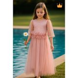 Minimony 6-10 Yaş Midi Boy Yetim Kol Simli Nakışlı Tül Kız Çocuk Abiye Bayramlık Elbise Pudra 5012 - 9 Yaş