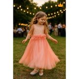 Minimony 6-10 Yaş Midi Boy Yetim Kol Simli Nakışlı Tül Kız Çocuk Abiye Bayramlık Elbise Somon 5012 - 7 Yaş