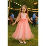 Minimony 6-10 Yaş Midi Boy Yetim Kol Simli Nakışlı Tül Kız Çocuk Abiye Bayramlık Elbise Somon 5012 - 8 Yaş