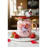 Miniso Sanrio Lisanslı Hello Kitty Kapaklı ve Pipetli Cam Bardak – Figürlü Borosilikat Cam Kupa 450 ml - Renkli
