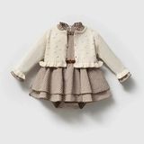 ministok Amour Alttan Çıtçıtlı Kız Bebek Elbise ve Hırka Takım - 6 - 9 Ay - Kahverengi