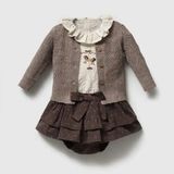 ministok Charlotte Carousel Nakışlı Triko Hırka, Blüz, Şortlu 3'lü Kız Bebek Takım - 9 - 12 Ay - Kahverengi
